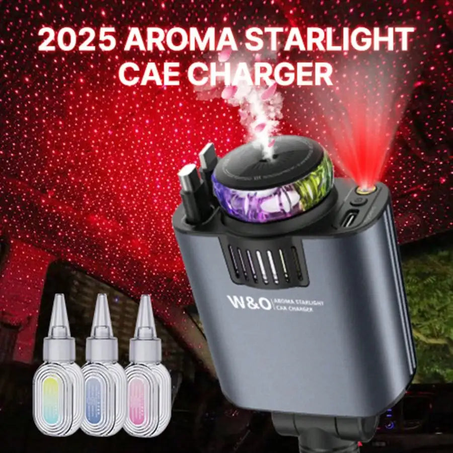 2025 Aroma Starlight Car Charger with LED Sky Projector & Essential Oil Diffuser - Dual USB Ports