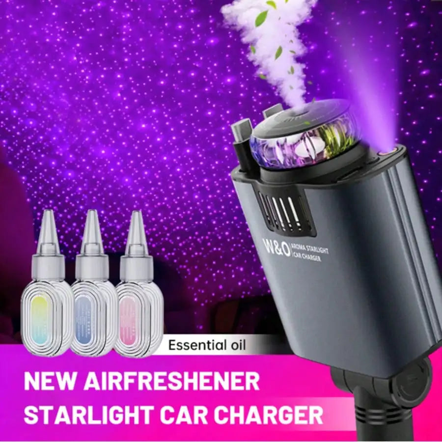 2025 Aroma Starlight Car Charger with LED Sky Projector & Essential Oil Diffuser - Dual USB Ports