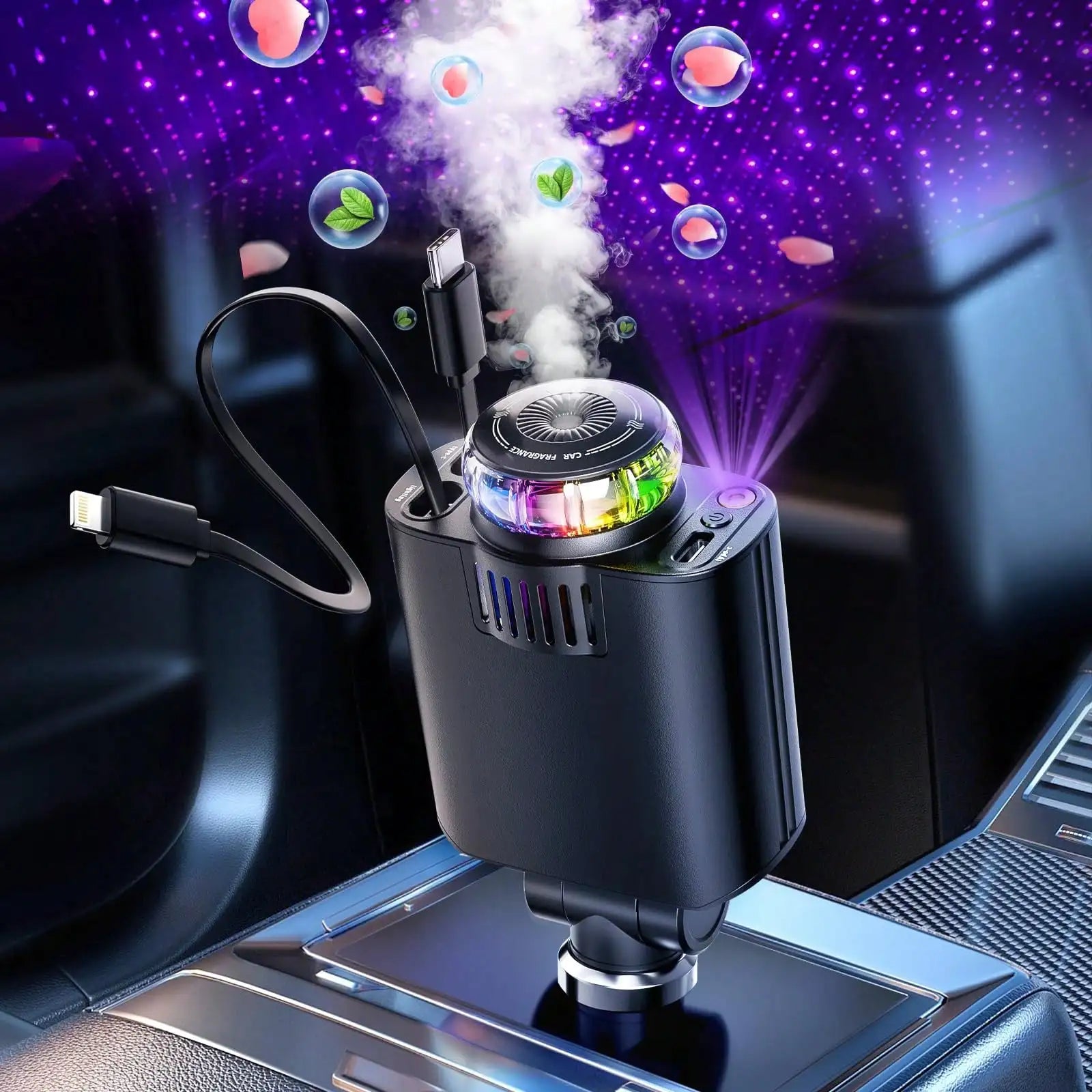2025 Aroma Starlight Car Charger with LED Sky Projector & Essential Oil Diffuser - Dual USB Ports